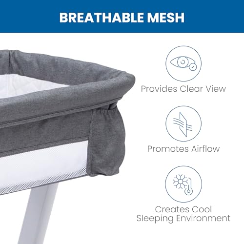 Simmons Kids By The Bed City Sleeper Bassinet - Adjustable Height Portable Crib with Wheels & Airflow Mesh, Grey Tweed