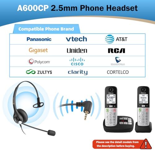 Arama Cordless Phone Headset with Microphone, 2.5mm Jack Telephone Headset for Office Landline, Noise-Cancelling Mic & Volume Control, Wired Headphones Compatible with Panasonic AT&T Vtech Uniden