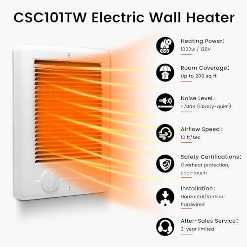 Electric Wall Heater for Indoor Use Complete Unit with Thermostat, Wall Mounted Heaters for Large Room/Garage(Model: CSC101TW, Part: 67508), 3412 BTU