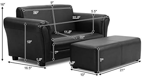 Costzon Kids Couch with Footstool, 2 in 1 Double Seat Children's Sofa w/PU Leather Surface, Armrest Chair Lounge, Soft Kids Sofa for Preschool Bedroom Kids Room Toddlers Boys Girls Birthday (Black)