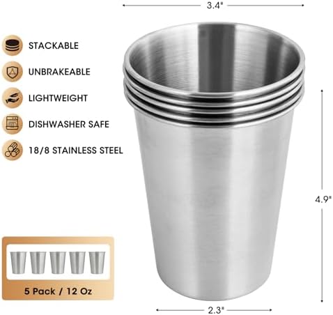 12oz Stainless Steel Cups, Metal Drinking Glasses for Kids & Adults, 5-Pack | Metal pint cup tumblers, 18/8 food-grade stainless steel, unbreakable