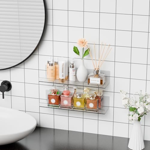 2 Pack Clear Acrylic Shelves for Wall with Adhesive, 15 Inch No Drill Floating Shelves for Bathroom, Bedroom, Renter Friendly, Kids Room Bookshelf
