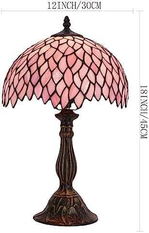 WERFACTORY Tiffany Table Lamp Pink Wisteria Style Stained Glass Desk Light | Bedside Reading Light 12X12X18 Inches Decor Bedroom Living Room Home