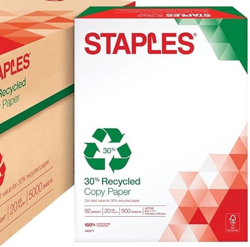 Staples 30% Recycled 8.5-Inch X 11-Inch Copy Paper 20 Lbs 92 Brightness 500/Ream, For Office, School & Home
