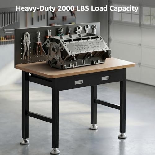 39.4" Workbench with Drawer and Pegboard - Heavy Duty Steel Garage Work Table, Small Tool Bench for Workshop, Woodworking, Crafting & Repair