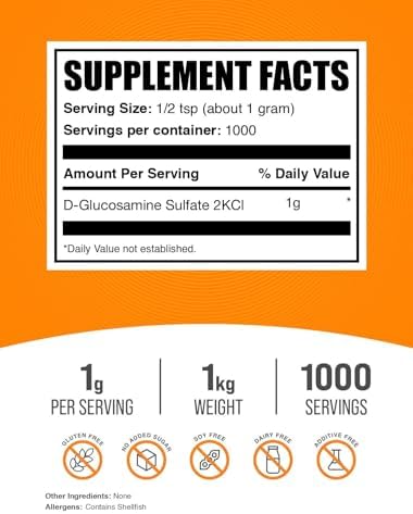 BulkSupplements.com Glucosamine Sulfate Powder - Glucosamine Supplement, Joint Support Supplement - Gluten Free, 1g per Serving, 1kg (2.2 lbs) (Pack of 1)