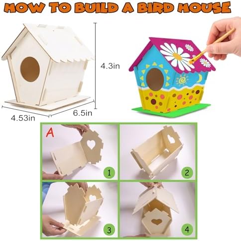 hapray 4 Pack Bird House Craft Kit, DIY Birdhouse for Kids to Build & Paint