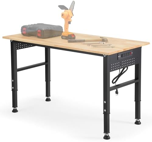 48" Adjustable Rubberwood Workbench with Foldable Extension Board & Power Outlet, Extra Large 48x32In 9-Level Height 27"-37", 2000 LBS Heavy Duty for Workshop Garage Office Home