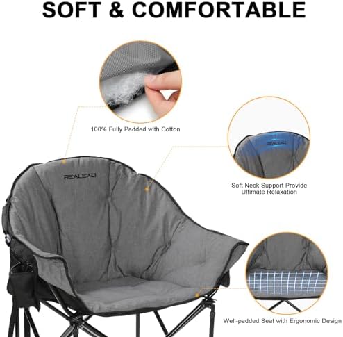 Oversized Camping Chairs Padded Heavy Duty Folding Support 400LBS | Comfy Lawn Chairs for Adults Outdoor Sports with Side Mesh Bag & Cup Holder, Portable Foldable, Sturdy Steel Frame (Grey)