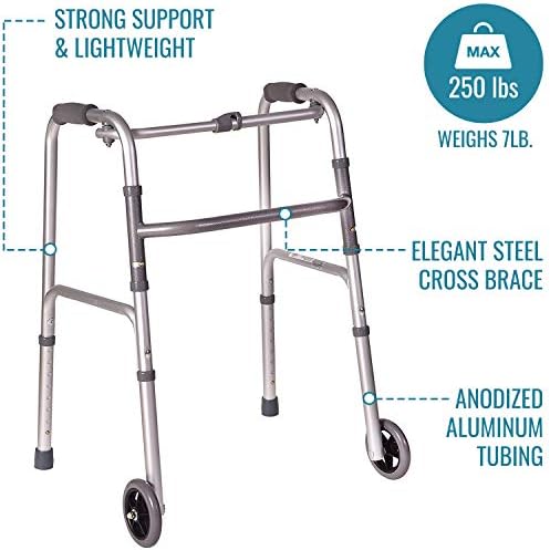 DMI Lightweight Aluminum Folding Walker with Single Release, 5 Inch Wheels, Adjustable Height, No Assembly Needed, Silver, 250 lb Weight Capacity