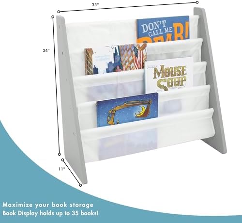 Humble Crew Kids Bookshelf, Montessori Front Facing Toddler Bookcase 4 Tier | Book display rack and reading nook organizer, nylon pockets show covers face out, compact for any playroom or bedroom space