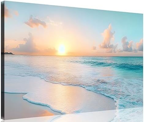 TutuBeer 3 Panel Beach Canvas Wall Art for Home Decor Blue Sea Sunset White Beach Painting the Picture Print on Canvas Seascape the Pictures for Home Decor Decoration,Ready to Hang