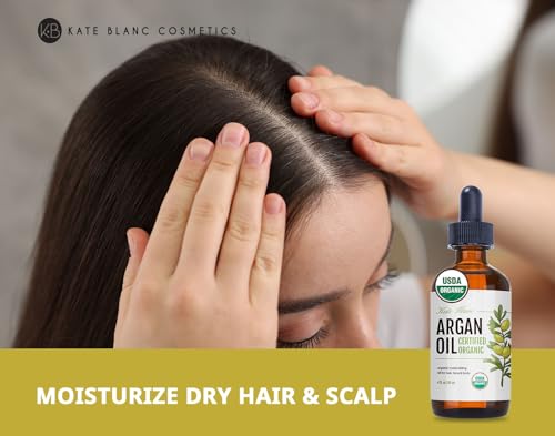 Kate Blanc Cosmetics Argan Oil for Hair, Face & Skin from Morocco (4oz, USDA Certified Organic, Cold Pressed & 100% Pure, Light) | USDA Certified Organic, Cold Pressed & 100% Pure, Light