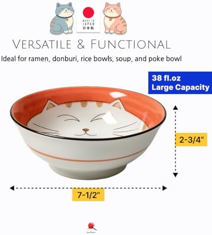 JapanBargain Set of 2 Japanese Porcelain Bowls, Large 7.5 Inch Ramen Udon Noodle Rice Soup Pho Poke Cereal Bowl, Maneki Neko Smiling Lucky Cat Pattern