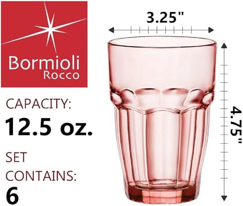 Bormioli Rocco Rock Bar 12.5 oz. Long Drink Stackable Tempered Beverage Glasses for Cold Drinks, Water, and Cocktails, Set of 6, Ice Blue