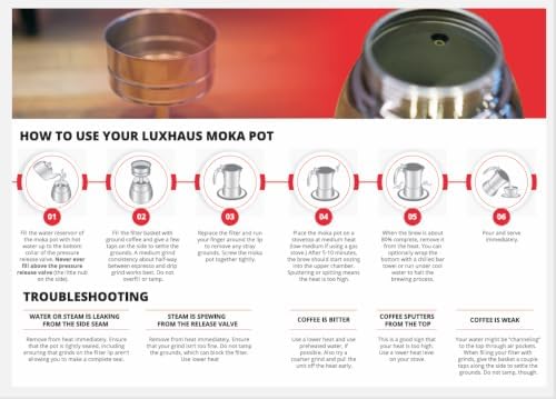 LuxHaus 3 Cup Moka Pot (2oz each cup - 6oz total) Stovetop Espresso Maker - Stainless Steel Italian and Cuban Mocha Coffee Maker