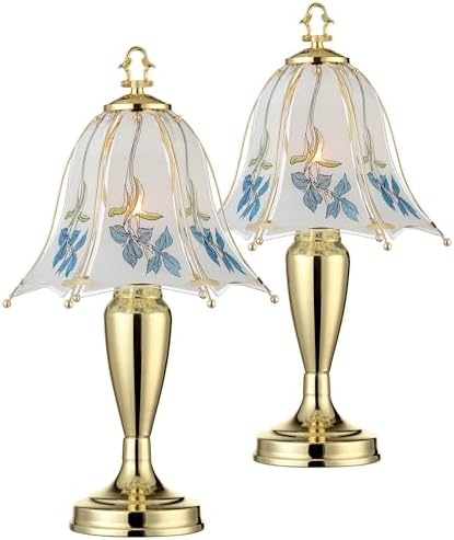 Polished Brass Flower Petal 15" Small Table Lamp Gold Touch 4-Way Glass Off | Etched Shade Art Traditional Cottage Floral Bedroom House Bedside Nightstand Home Office Living Room