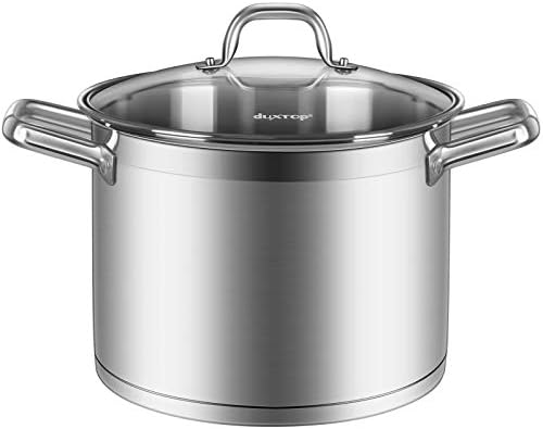 Duxtop Professional Stainless Steel Stock Pot with Glass Lid, Induction Cooking Pot, Impact-bonded Base Technology, 4.2 Quarts | Stockpot with Stay-Cool Handle, Impact-Bonded Base for Even Heating