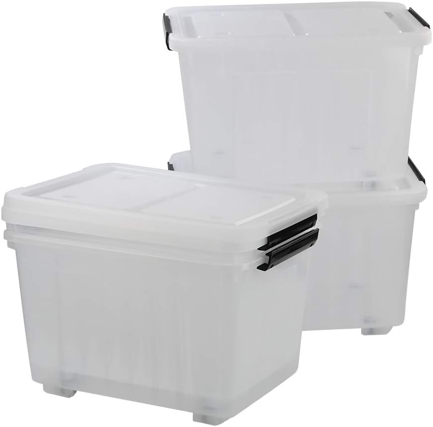 Clear Plastic Storage Bins with Wheels, 4-Pack Latch Boxes, 30 L