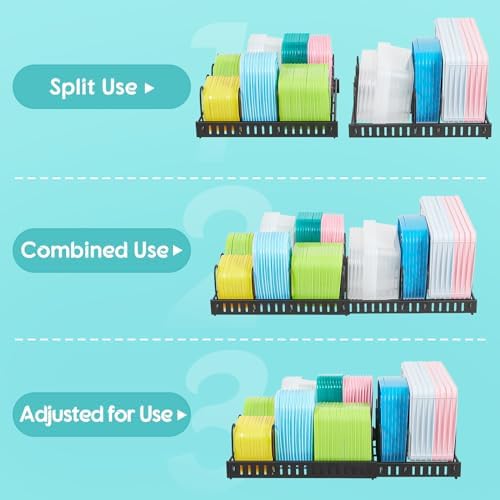 X-cosrack Expandable Food Container Lid Organizer, Large Capacity Adjustable 10 Dividers Detachable Lid Organizer Rack for Cabinets, Cupboards