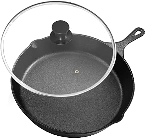 Utopia Kitchen Cast Iron Skillet 12 Inch with Lid Chefs Frying Pan Black | Chefs Pan, Pre Seasoned Skiller, Indoor and Outdoor Use, Grill Safe Cookware, Even Heat Distribution, Durable