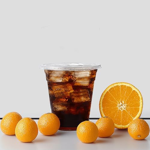 TashiBox Plastic Cups with Flat Lids 100 Sets 16 oz, Clear Crystal drink cups with lids