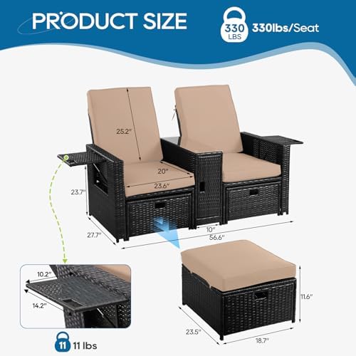 5PCS Outdoor Wicker Chaise Lounge Chair - Rattan Adjustable Reclining Patio Lounge Chair with Ottoman and Coffee Table