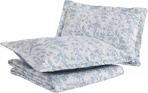 Laura Ashley – Queen Quilt Set, Soft & Lightweight Toile Bedding with Matching Shams, Reversible Floral Room Decor, College Dorm Room Essentials (Amberley Blue)