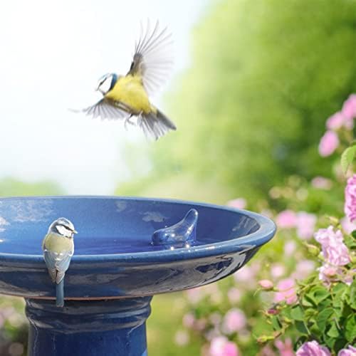 Esschert Design Bird Bath on Pedestal W/Bird, Ceramic, Blue, 18"H