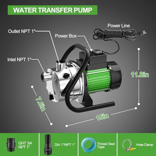Water Transfer Pump 110V Shallow Well Pump 1.6HP Electric Portable Garden Pressure Booster Pumps for Sprinkler Irrigation Lawn with Adapters, Green