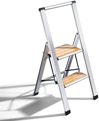Step Ladder 2 Step Folding, Decorative - Beautiful Bamboo & Silver Aluminum, Ultra Slim Profile, Anti Slip Steps, Sturdy-Portable for Home, Office