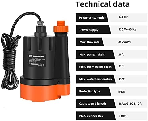 1/3 HP Submersible Water Pump, 2500GPH Utility Pump | Portable Electric Clean Water Drainage Pump for Pool Draining, Flooding