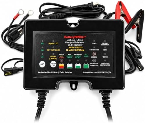 128CEC2 12V 2/4/8 Amp Smart Trickle Charger, Automatic Battery Maintainer & Desulfator for Lead Acid & LiFePO4 Batteries, AGM, Marine, RV & Odyssey