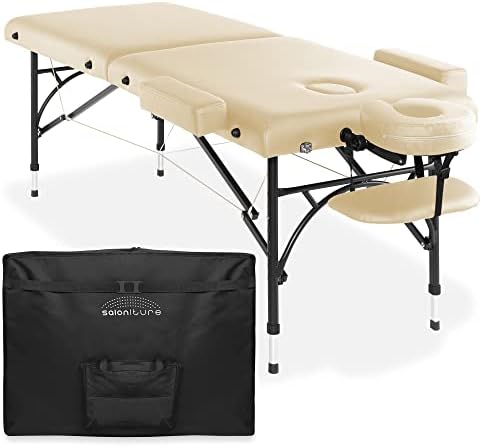 Saloniture Professional Portable Lightweight Bi-Fold Massage Table with Aluminum Legs - Includes Headrest, Face Cradle