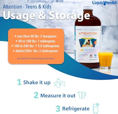 LIQUIDHEALTH Attention Liquid Multivitamin for Kids & Teens - Improves Memory Retention, Concentration, Focus, Mood, Relaxation & Calming - Made in the USA, Great Taste, Vegan, Sugar-Free (16 oz)