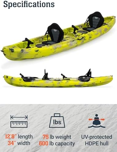 BKC Brooklyn 12.5 Tandem Fishing Kayak, 2 to 3 Person Sit-on-Top | 600 lb capacity, 2 padded seats, 2 paddles, 6 rod holders, motor-ready mount, for lakes, rivers and coastal water