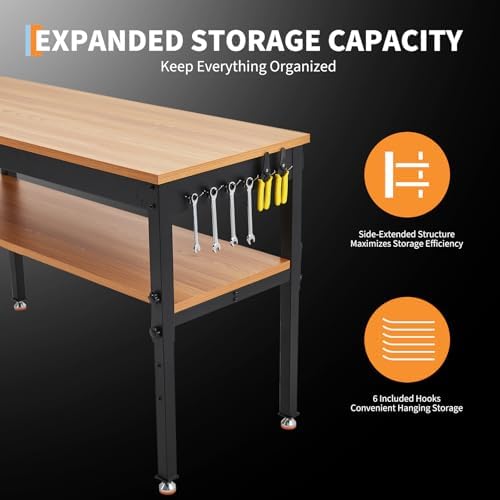 60" Work Bench with Storage Shelf, Adjustable Height Workbench, 60" x 24" Work Benches for Garage