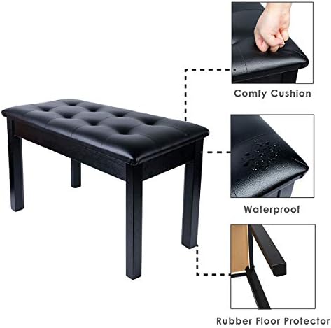 MU PU Leather Padded Piano Bench with Waterproof Cushion and Inner Solid Flip-Top Extra Music Storage for 2 People (Black)