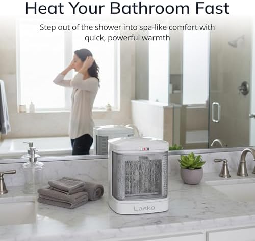 Lasko Electric Ceramic Space Heater for Bathroom - 8” - CD08200 - White | ALCI Safety Plug, Portable, 2 Heat Settings, Simple Heat Button, Overheat Protection, Cool Touch Housing, 1500W