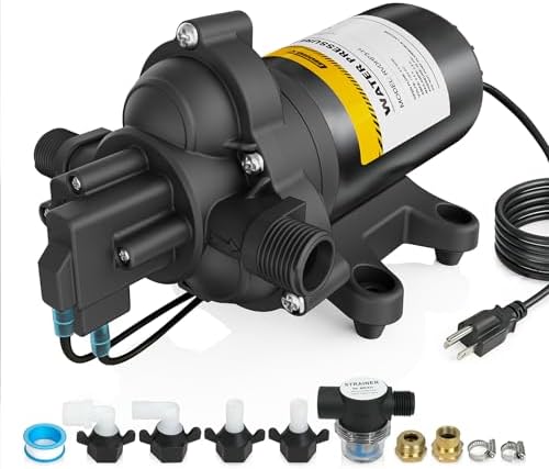 12V RV Water Pump, 5.0 GPM 55 PSI Diaphragm Pump, 20Volt Quiet Fresh Water Pump with Pressure Switch, Self Priming Pressure Pumps for RV Camper Boat Marine Food Truck, Dark Grey