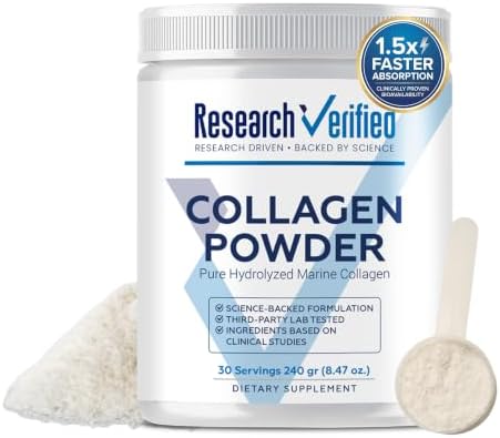 Research Verified® Collagen Powder - Hydrolyzed Marine Collagen Peptides - Unflavored - Skin Hydration and Elasticity, Muscle Recovery