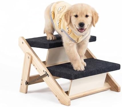 MEWANG Wood Pet Stairs & Ramp for Small/Medium Dogs & Cats, Aging Pets – 2-in-1 Foldable, Portable, Non-Slip Pet Ladder for Tall Beds, Couches