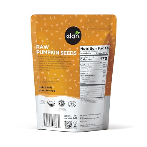 Elan Organic Pumpkin Seeds, 6.5 oz, Unsalted, Unroasted Shelled Kernels, No Shell, Non-GMO, Vegan, Gluten-Free, Kosher, Nutritious Seeds