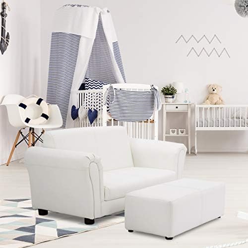 Costzon Kids Couch with Footstool, 2 in 1 Double Seat Children's Sofa w/PU Leather Surface, Armrest Chair Lounge, Soft Kids Sofa for Preschool Bedroom Kids Room Toddlers Boys Girls Birthday (Black)