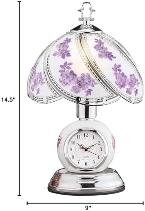 Collections Etc Rose Glass Panel Touch Lamp with Analog Clock - Silver-Toned Base - 3 Levels of Brightness - Glass, Metal - 9" Dia x 14.5" H