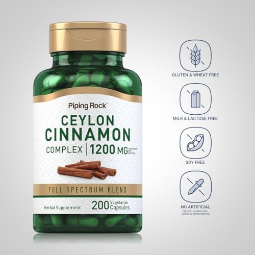 Piping Rock Ceylon Cinnamon Capsules | 200 Count | Complex Herbal Extract Supplement for Women and Men | Vegetarian, Non-GMO, Gluten Free