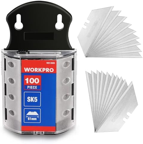 WORKPRO Utility Knife Blades, 100-Pack SK5 Steel Blades with Dispenser | Premium Steel Standard Blades for Box Cutter, Ideal for Cardboard, Leather, Carpet, Rope, Soft Metal, Pipe, etc