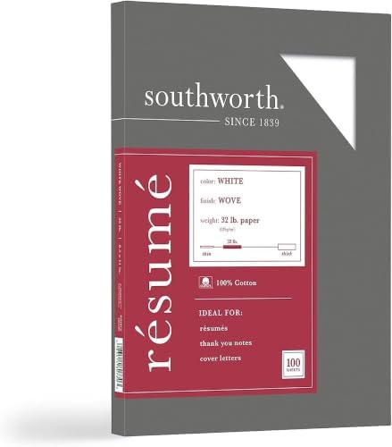 Southworth® 100% Cotton Résumé Paper, 8 1/2" x 11", 32 Lb, 100% Recycled, White, Pack of 100