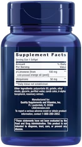 Life Extension Super-Absorbable CoQ10 (Ubiquinone) with d-Limonene, Heart Health Supplement, relieves General Fatigue, oxidative Stress Defense, 50 mg