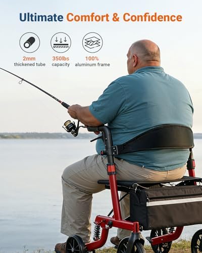 Foldable Rollator Walkers with Seat for Seniors, All Terrain Outdoor（Red | Patented Shock-Absorbing,Tool-Free Adjustment,350 lbs Capacity, 10″ Solid Wheels,16.3lbs Lightweight, Fit 61"-74" Tall User